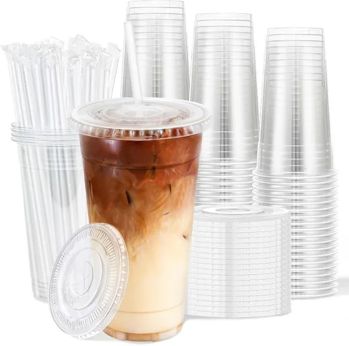 Miniatura 10 de Clawsoff Paquete de 100 vasos desechables de plástico transparente de 20 onzas con tapas y popotes, a prueba de fugas, resistentes a las fugas