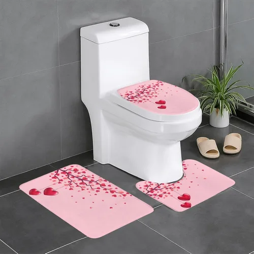 Miniatura 19 de Juego de 3 alfombras de baño con diseño de tulipanes rosados con fondo de madera, antideslizantes, con patrón de resorte, extra suaves y absorbentes