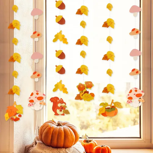 Dayker Decoración de fiesta de otoño, guirnalda colgante de hoja de arce de hongos reutilizable, pancarta de ardilla de otoño de 22.64 pies para