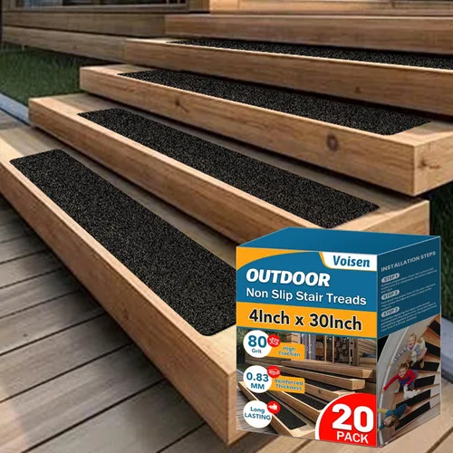 VOISEN Peldaños para escaleras al aire libre, 4" x 30" paquete de 20, tiras antideslizantes precortadas, cinta adhesiva de agarre, impermeable,