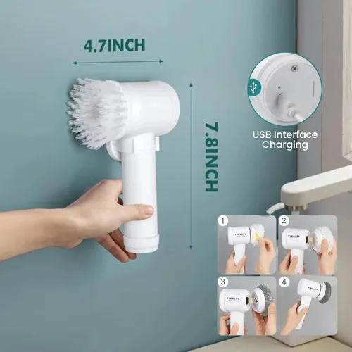 Miniatura 5 de VIMALIFE Limpiador eléctrico giratorio, limpiador de baño inalámbrico IPX6 impermeable con 5 cabezales reemplazables, cepillo de limpieza eléctrico