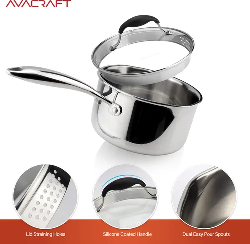Miniatura 4 de AVACRAFT Cacerola de acero inoxidable de tres capas con tapa coladora de vidrio, dos picos vertedores laterales, mango ergonómico, cacerola