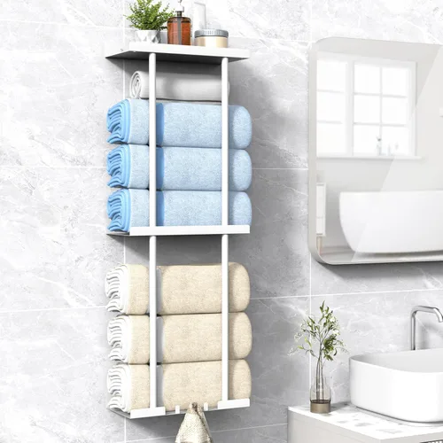 Miniatura 10 de Liuoud Toallero para Baño, Organizador Portador de Almacenamiento de Toallas Enrolladas Vertical Montado en la Pared con Estante, Sostiene Hasta 6
