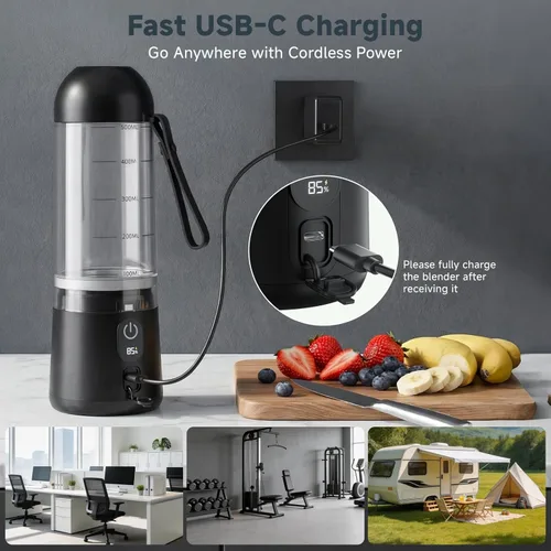 Miniatura 4 de Licuadora portátil, 8 cuchillas de tamaño personal para batidos, vaso exprimidor recargable USB C con pantalla LED, mini mezclador para viajes