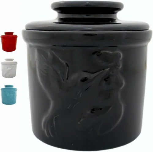 JBK Pottery Mantequilla de cerámica con tapa, plato de mantequilla francesa para mostrador, manteca para mantequilla fresca y untable - Negro