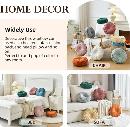 Miniatura 4 de Teieas Almohada redonda de terciopelo para decoración del hogar, cojín redondo plisado para sofá, silla, cama, automóvil, verde esmeralda