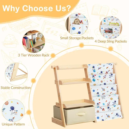 Miniatura 4 de decalsweet Estantería infantil y organizador de almacenamiento de juguetes de madera 2 en 1 para niños pequeños, estante de 4 niveles con caja