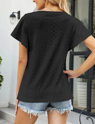 Miniatura 5 de MEROKEETY Camisetas de verano con mangas con volantes para mujer, cuello redondo, ajuste holgado, estilo casual