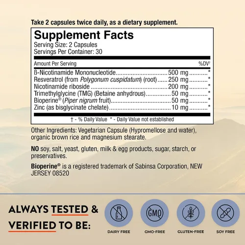 Miniatura 2 de Mt. Angel Vitamins Suplemento NMN + NR con resveratrol y TMG, precursores duales de NAD+ para energía celular y envejecimiento saludable, 60 cápsulas