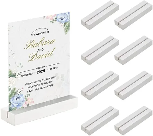 Miniatura 8 de 8 soportes de madera para tarjetas de lugar de madera natural, soporte de números de mesa de madera para colocar tarjetas, soporte para fotos