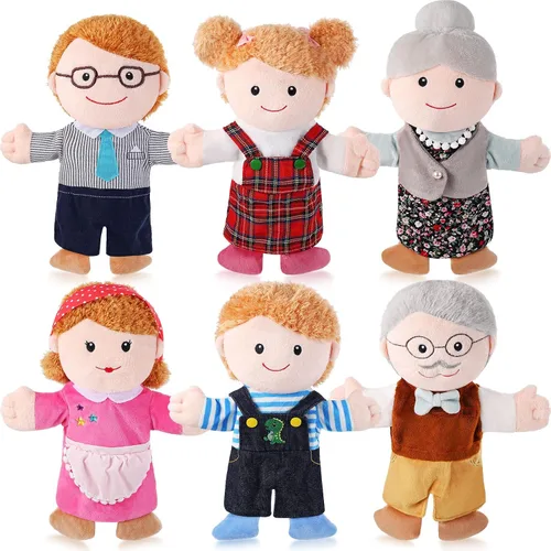 Miniatura 11 de 6 piezas de marionetas de mano familiares de 30 cm, abuelos, mamá y papá, hermano y hermana, marionetas de mano de felpa para niños, juguetes