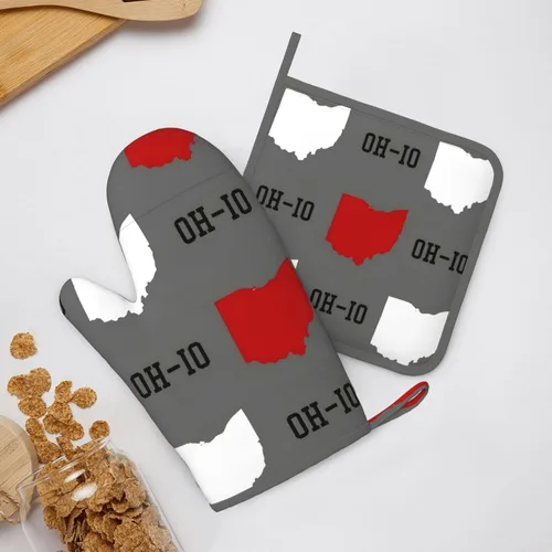 Ohio State - Juego de manoplas de horno y soportes para ollas, resistentes al calor, antideslizantes, de silicona, con guantes de horno y Gris del