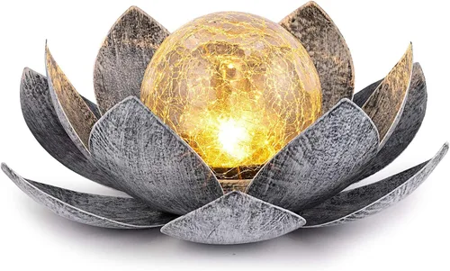 Huaxu Luces solares para jardín al aire libre, decoración de loto de cristal con forma de globo agrietado, decoración de flores LED impermeables