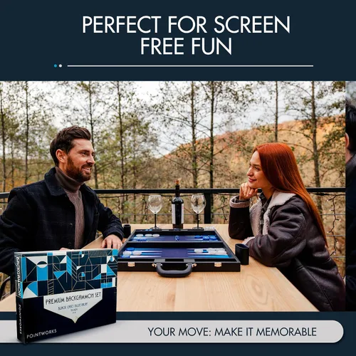 Miniatura 6 de Pointworks Juego de Backgammon Premium de 19 Pulgadas para Adultos de Cuero Negro - Azul. Juego de Fichas y Dados Premium de 1.6 Pulgadas, Juego
