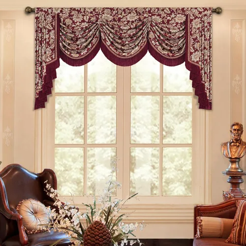 Miniatura 14 de Loom and Mill Cenefa de cascada de lujo de jacquard para sala de estar, elegantes cenefas de ventana con festones y cuentas damascadas, cortinas