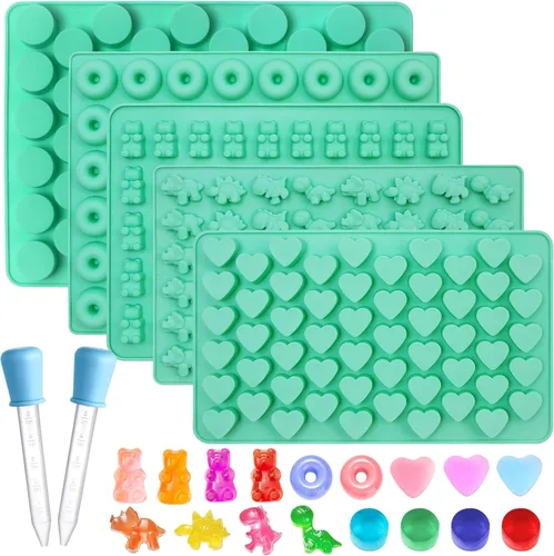 Miniatura 16 de Juego de 5 moldes de goma de silicona, moldes de silicona para dulces con 2 cuentagotas para un relleno cómodo, juego de moldes de gomita incluye