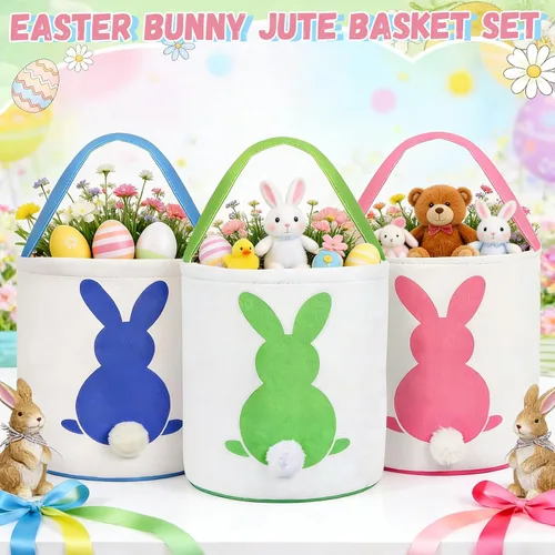 Miniatura 3 de 3 unidades de cesta de caza de huevos de Pascua para niños, cesta de conejo, bolsas de huevo, conejo, colas esponjosas, fiesta, celebrar