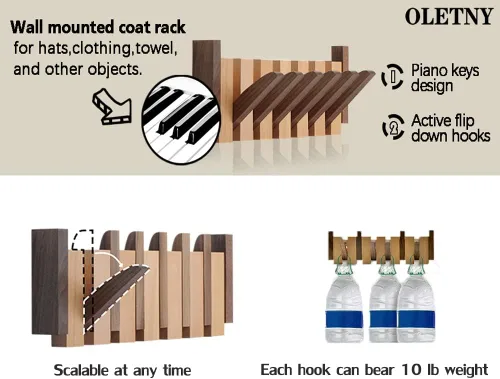Miniatura 3 de Perchero de Pared de Madera, Perchero de Pared de Madera con 6 Ganchos Magnéticos Abatibles Piano Perchero de Pared para Entrada, Baño, Dormitorio