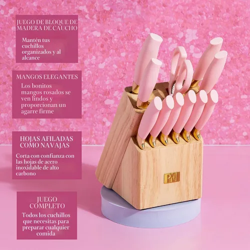 Miniatura 5 de Paris Hilton Juego de 12 cuchillos con bloque, cuchillería de acero inoxidable de alto carbono, cuchillas de precisión y mangos ergonómicos, rosa