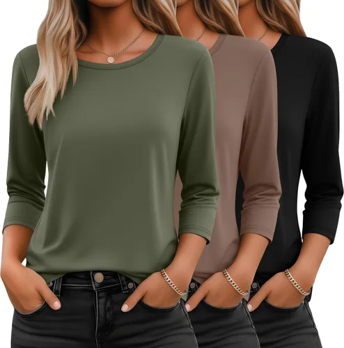 Ficerd Paquete de 3 camisetas de manga 3/4 para mujer, cuello redondo, camisetas básicas elegantes, casuales, modernas, holgadas