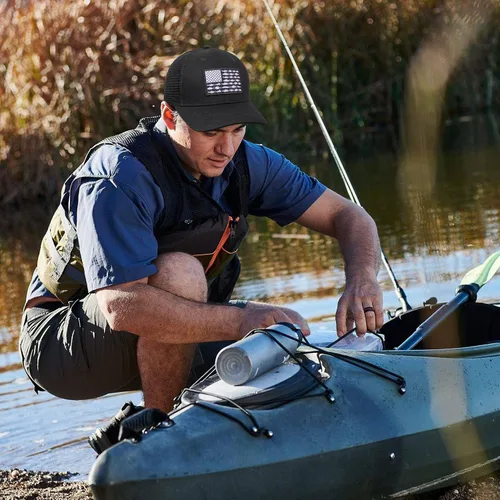 Miniatura 3 de Sombrero de camionero con bandera de pez estadounidense, regalos de pesca para hombres, sombrero de pesca Snapback perfecto para pesca y uso diario