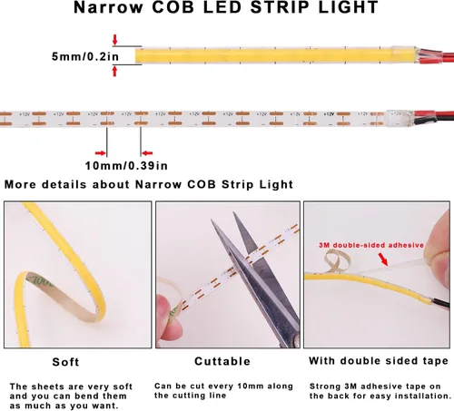 Miniatura 3 de TOPAI 12V delgada de 5 mm tira de luz LED COB azul estrecha de 16.4 pies luz uniforme brillante sin puntos 400LEDs/M adhesiva flexible para cortar