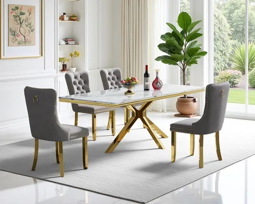 Miniatura 17 de Juego de mesa de comedor de mármol para 6, mesa de cocina rectangular de mármol blanco de 70 pulgadas con patas en X de acero inoxidable dorado
