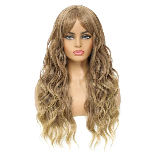 Miniatura 8 de SWACC Peluca larga y rizada ondulada con flequillo peluca de pelo sintético para mujeres con gorra de peluca (negro)