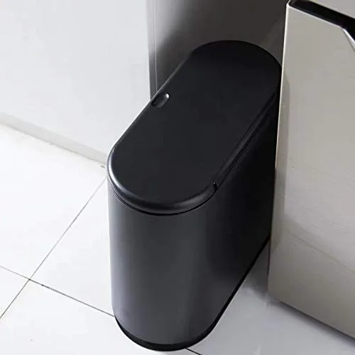 Miniatura 4 de IEEK Bote de basura de plástico con tapa superior de presión, cubo de basura de 2.4 galones / 10 litros, cesta de basura negra moderna para baño