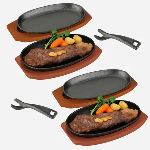 Miniatura 9 de JapanBargain, Juego de 2 platos chisporroteantes de hierro fundido con bases de madera, platos para servir carne y fajita, parrilla pre-sazonada