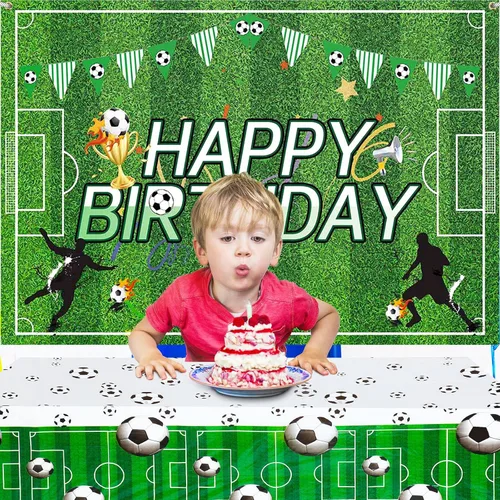 Miniatura 5 de Irenare 2 piezas de decoración de fiesta de cumpleaños de fútbol de 5 x 3 pulgadas, telón de fondo de fútbol de feliz cumpleaños de 108 x 54