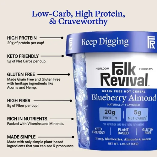 Miniatura 2 de Folk Revival Blueberry Almond Keto Instant 'Oatmeal' – 0.71 oz de proteína, 0.71 oz de carbohidratos netos, alto en fibra, sin OMG, sin gluten