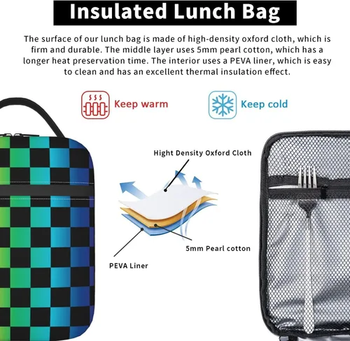 Miniatura 6 de Bolsa de almuerzo a cuadros negra y arco iris, portátil, reutilizable, con cremallera, para picnic, trabajo, oficina, viajes, escuela