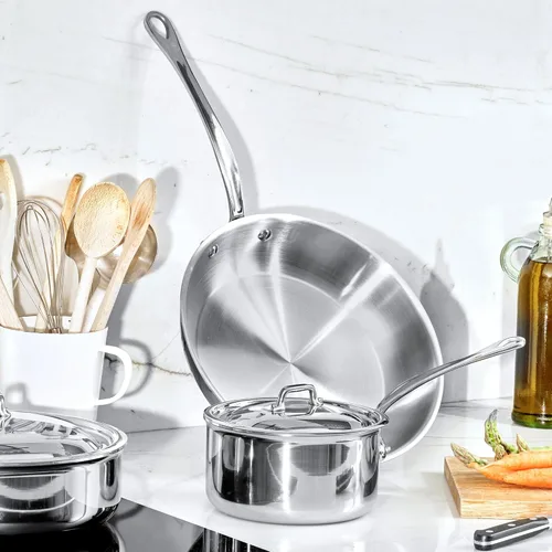 Miniatura 2 de Mauviel M'Cook - Sartén de acero inoxidable pulido de 5 capas con tapa y mango de acero inoxidable fundido, 3.2 cuartos de galón, fabricado