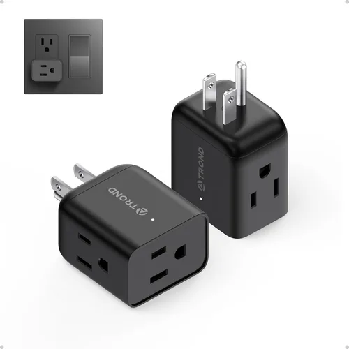 TROND Paquete de 2 extensores de toma de corriente múltiple – Divisor de toma de pared eléctrico horizontal con certificación ETL, adaptador de Negro