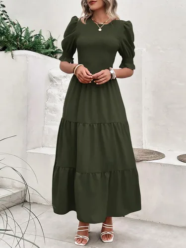 Miniatura 87 de BTFBM Vestidos para mujer, cuello redondo, casual, de verano, con volantes, manga corta, bohemio, con niveles, fruncido, largo, con estampado floral