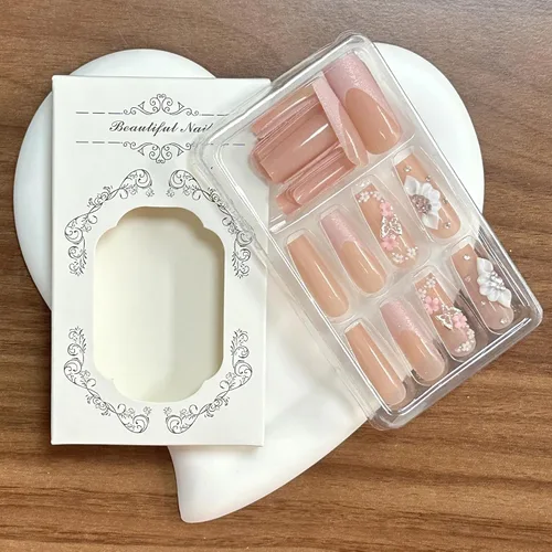 Miniatura 6 de Uñas postizas a presión de mariposa, uñas postizas largas de punta francesa con diseño de ataúd rosa, diamantes de imitación de flores, pegamento
