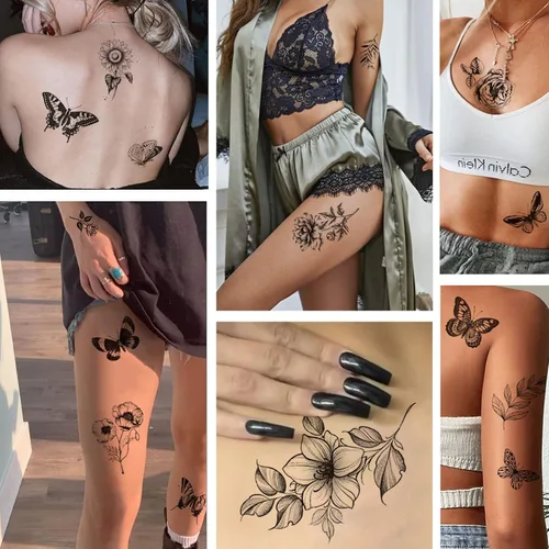 Miniatura 3 de Tazimi 6 hojas de tatuajes temporales de mariposa de flores negras para mujeres y niñas, de larga duración, realistas, impermeables, tatuajes falsos