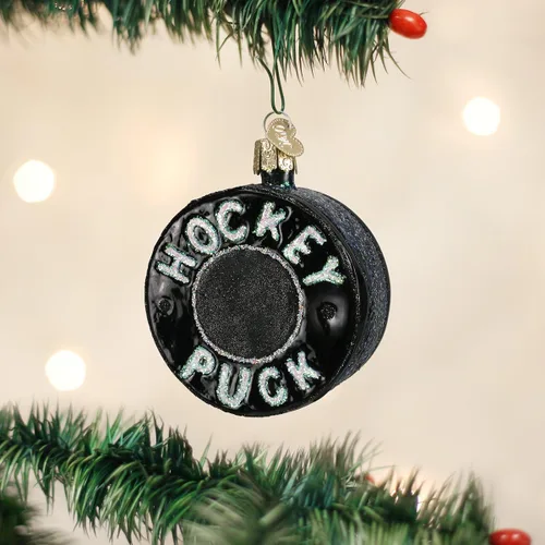 Miniatura 2 de Old World Christmas - Adorno de disco de hockey de vidrio soplado para árbol de Navidad, decoración festiva artesanal, colección deportiva
