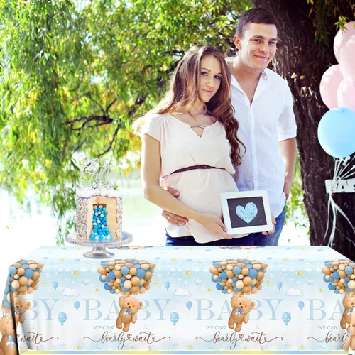 Miniatura 3 de Bearly Wait - Decoraciones para baby shower, 3 piezas de oso de peluche azul, manteles de oso de plástico para bebé, fundas de mesa para niños