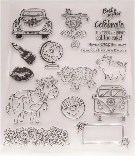 Sellos transparentes de cumpleaños de animales salvajes para diarios de arte o hacer tarjetas, mono, cerdo, oveja, vaca, autobús, sellos de goma de