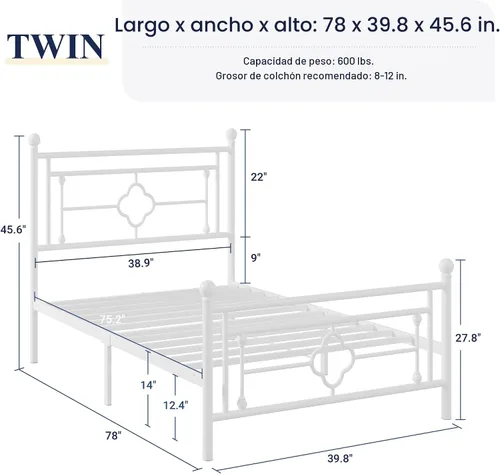 Miniatura 2 de Allewie Base de cama de plataforma de metal tamaño individual con cabecero y pie de cama vintage victorianos/base de colchón/almacenamiento debajo
