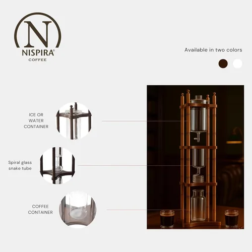 Miniatura 3 de Nispira - Cafetera de goteo de café frío con torre, para café helado, con soporte de vidrio y madera, 25 tazas Marrón oscuro