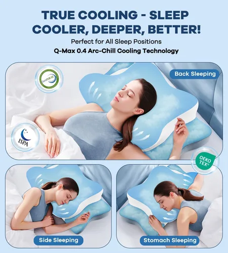 Miniatura 6 de Almohada cervical para aliviar el dolor de cuello, almohada ergonómica refrescante de espuma viscoelástica con funda de almohada de seda de hielo