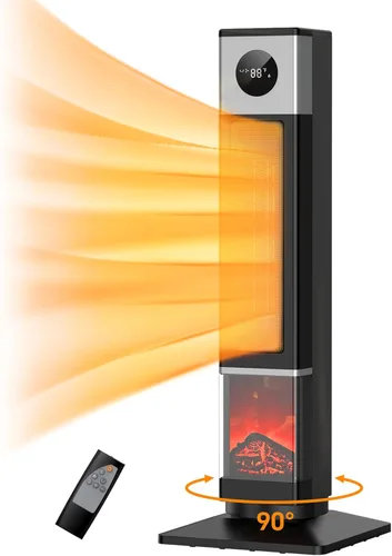 Calentador de espacio con termostato, calentador de torre de cerámica oscilante para habitaciones grandes, temporizador y control remoto,
