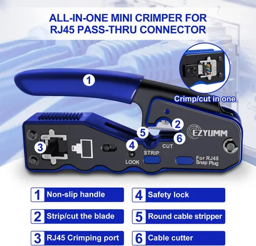 Miniatura 3 de Kit de herramientas de crimpado RJ45, crimpadora Ethernet de paso, kit de herramientas de crimpado Ethernet profesional, herramienta de crimpado