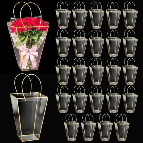 Miniatura 9 de Yexiya 12 bolsas florales grandes transparentes para ramo de flores a granel con asa transparente para regalo de boda, regalo de boda, regalo