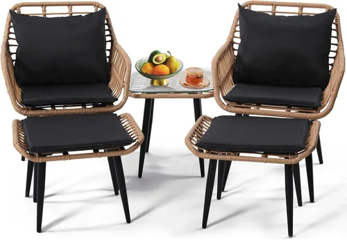 Miniatura 14 de KROFEM - Juego de 3 piezas de muebles de mimbre para patio estilo bistró, incluye 2 sillas de ratán y mesa con tapa de vidrio, ideal para porche