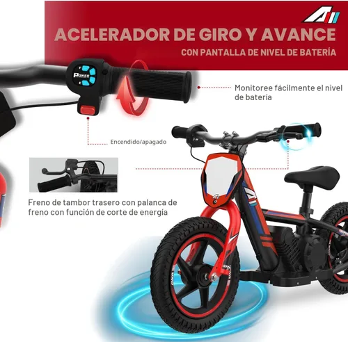 Miniatura 2 de AIII Motocicleta eléctrica ligera para niños, motocicleta eléctrica de 170/340 W de hasta 10/12 MPH, batería desmontable de 24 V, bicicleta de Rojo