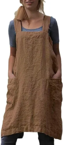 Miniatura 8 de Delantal Pinafore con espalda cruzada con bolsillos, delantal de lino y algodón, talla grande Azul